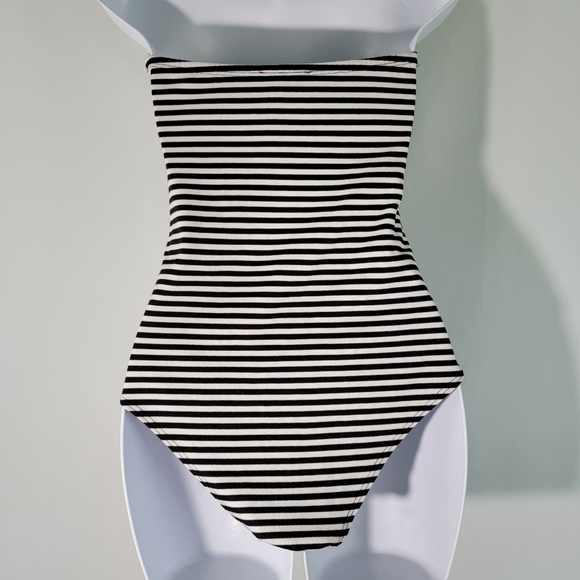 Celine By Champion Women's Strapless One Piece Swimsuit Sz M Black Striped Bow - Picture 2 of 12